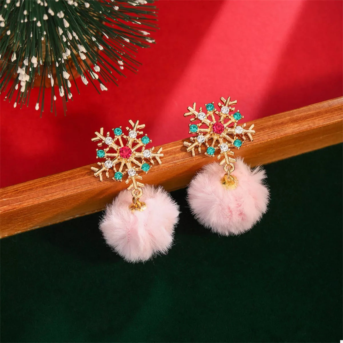 Christmas Snowflake Pom Pom Drop Earrings Pink One Size OutfitFlow