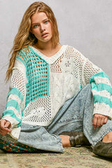 POL Color-Blocked Stripe Pattern Knit Top with Twisted Weave OutfitFlow