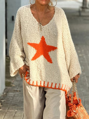 Outfit Flow - Star V-Neck Long Sleeve Oversize Sweater