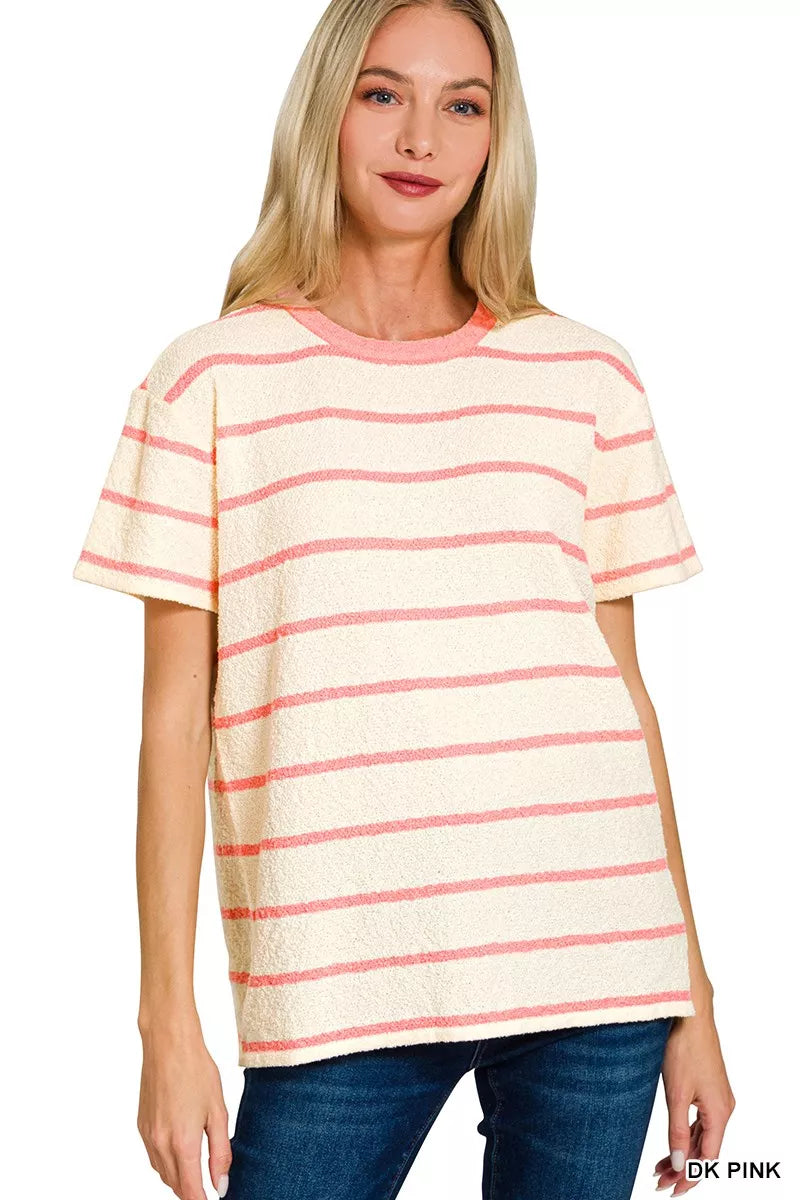 Zenana Textured Striped Crew Neck T-Shirt DK PINK OutfitFlow