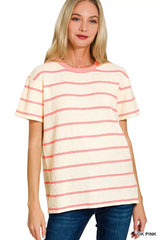 Zenana Textured Striped Crew Neck T-Shirt DK PINK OutfitFlow