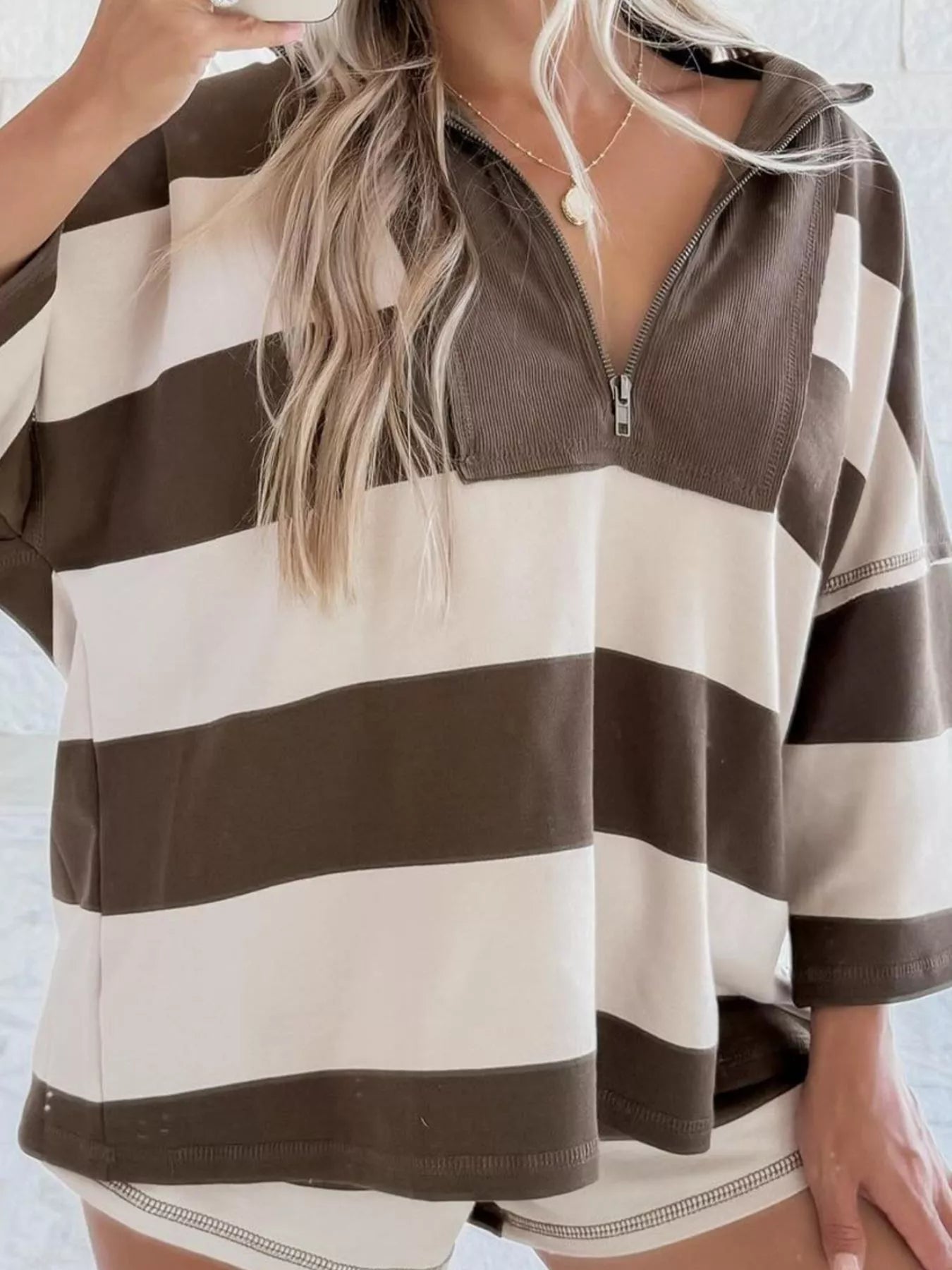 Striped Quarter-Zip Long Sleeve Sweatshirt OutfitFlow