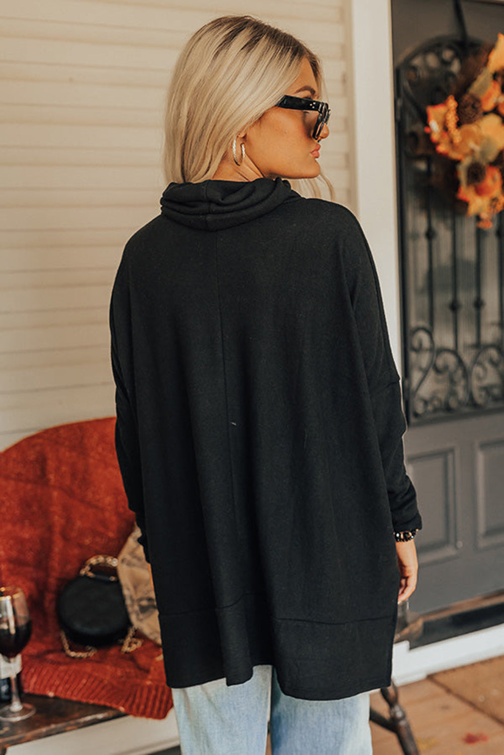 Outfit Flow - Side Slit High-Low Cowl Neck Long Sleeve Blouse