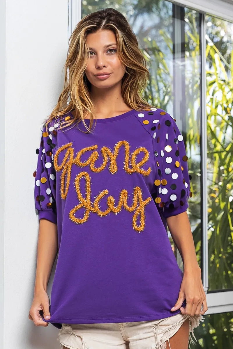 BiBi Game Day Metallic Letter Spangle Sleeve Top OutfitFlow