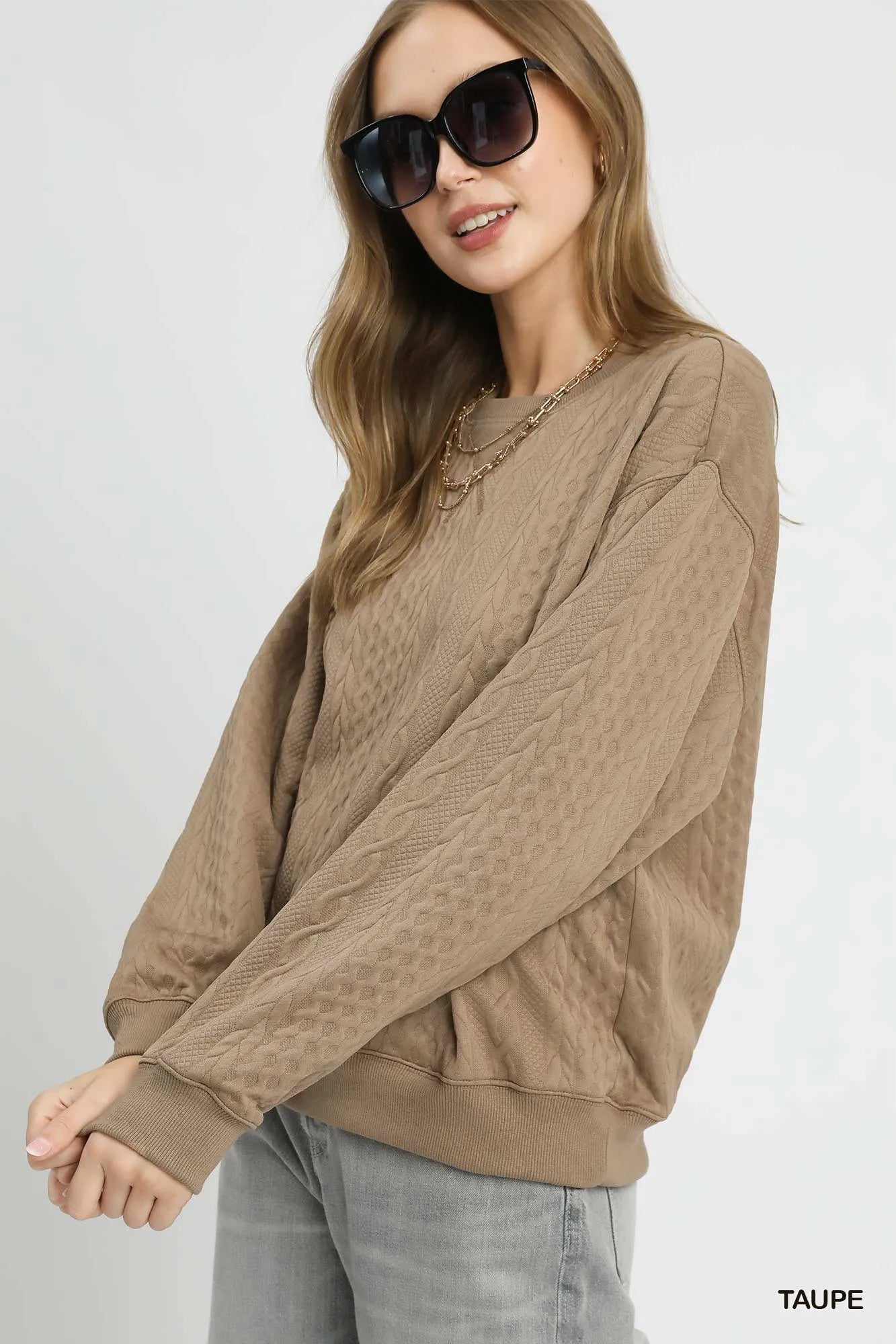 Umgee Cable Texture Pattern Sweatshirt with Ribbed Hem OutfitFlow