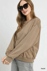 Umgee Cable Texture Pattern Sweatshirt with Ribbed Hem OutfitFlow