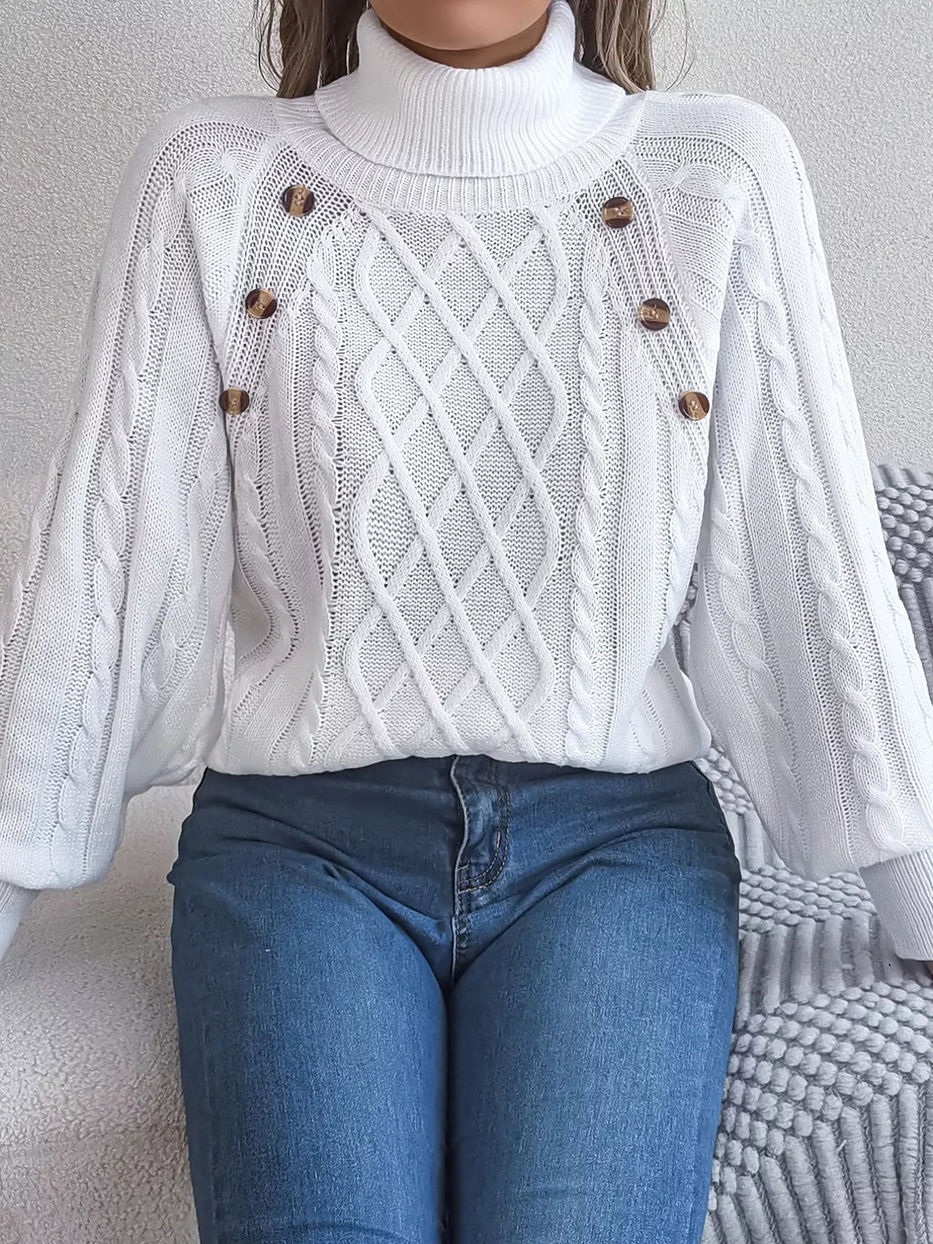 Cable Knit Turtleneck Long Sleeve Sweater OutfitFlow