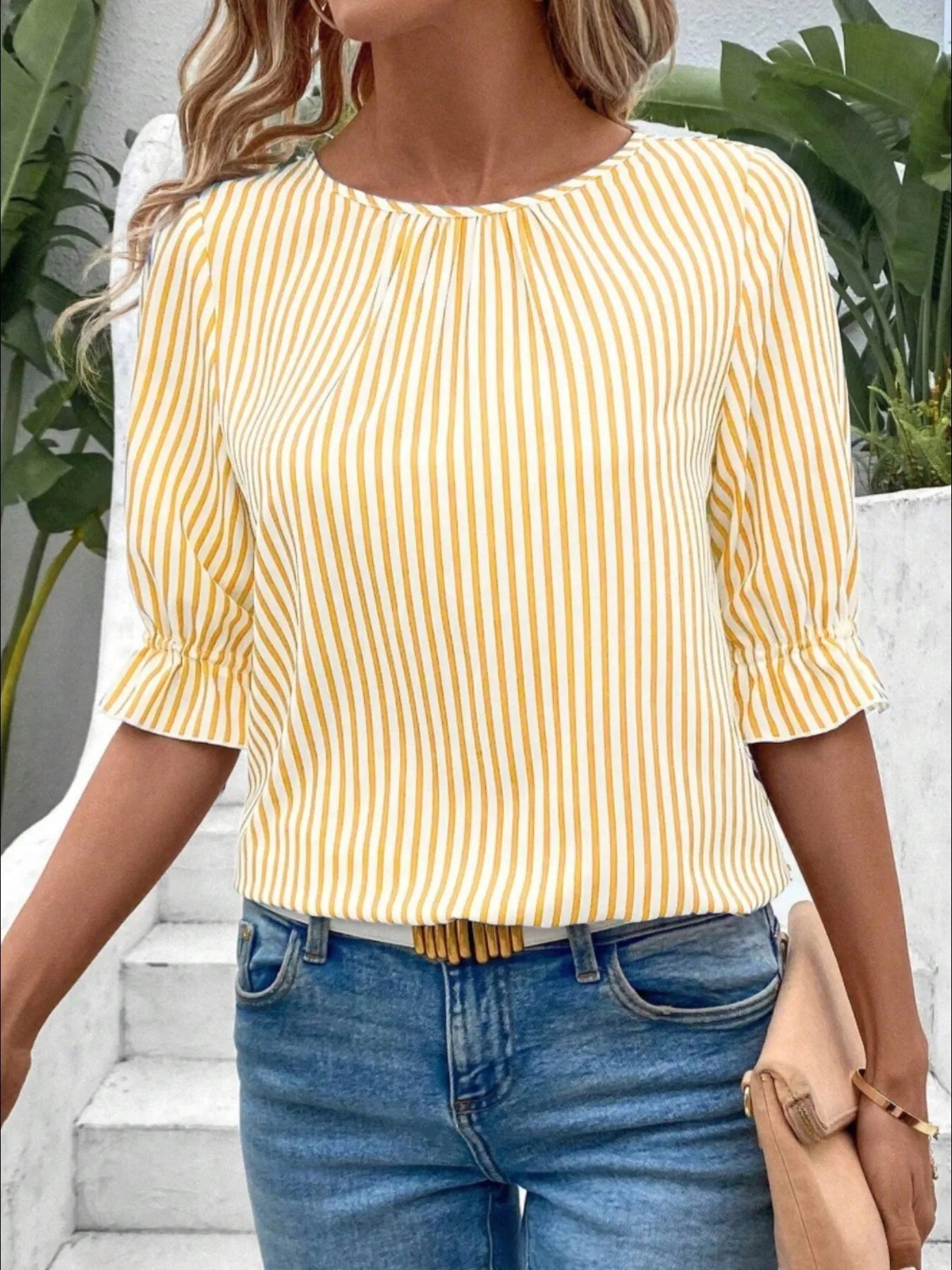 Striped Round Neck Half Sleeve Casual Blouse Yellow OutfitFlow