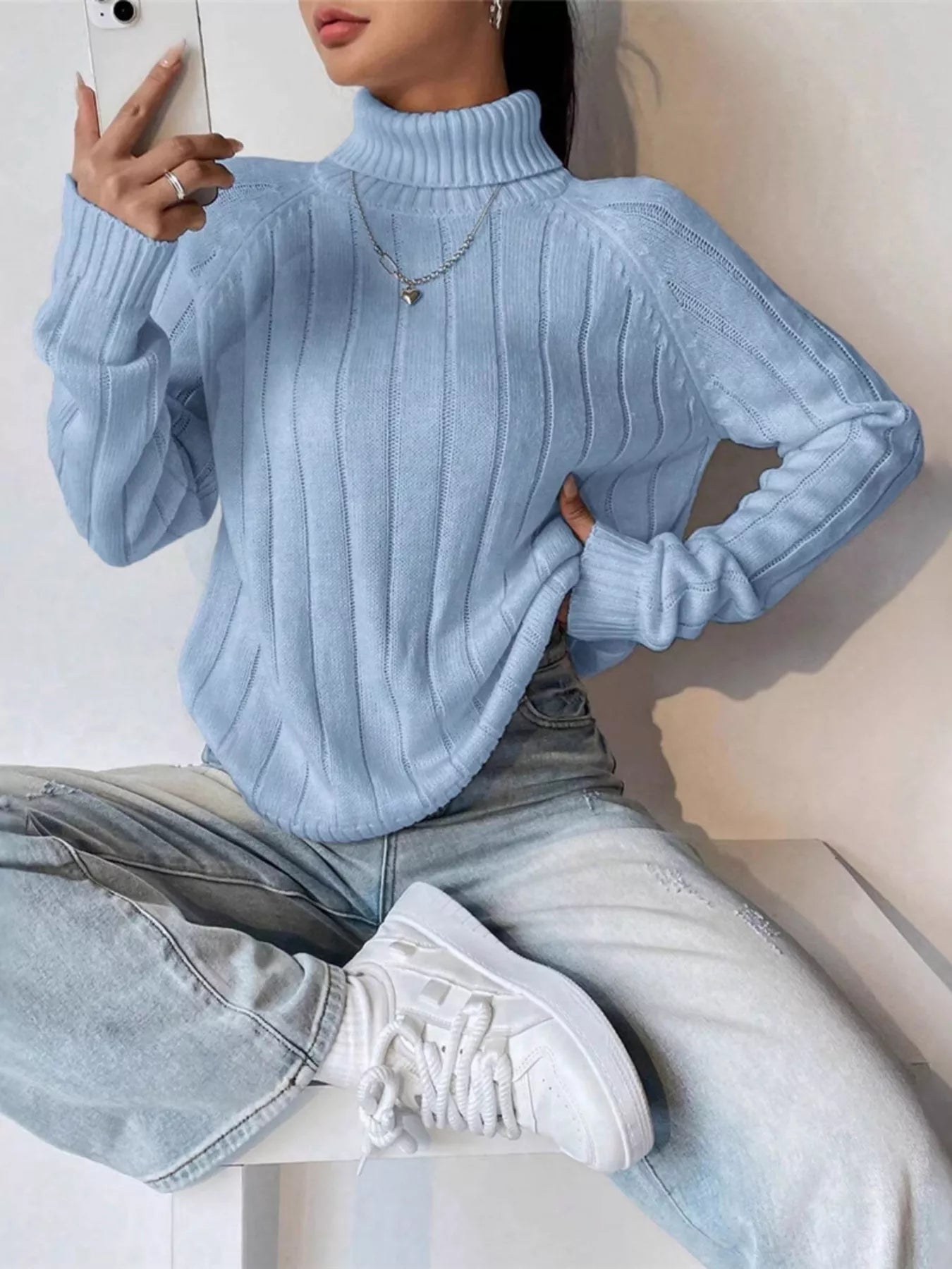 Ribbed Turtleneck Long Sleeve Sweater OutfitFlow