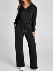 Full Size Johnny Collar Long Sleeve Top and Pants Plus Size Black OutfitFlow