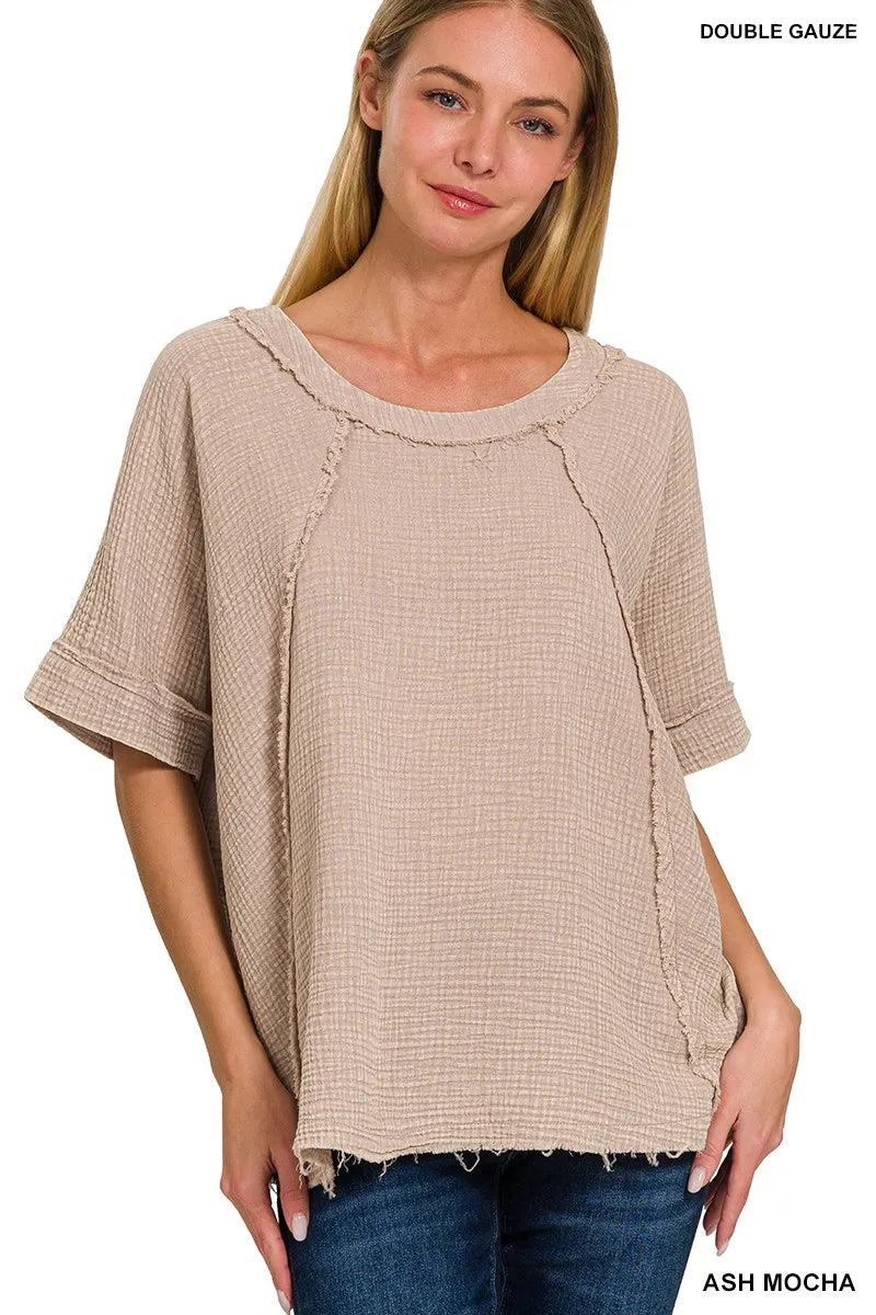 Zenana Washed Double Gauze Exposed Seam Short Sleeve Top OutfitFlow