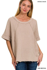 Zenana Washed Double Gauze Exposed Seam Short Sleeve Top OutfitFlow