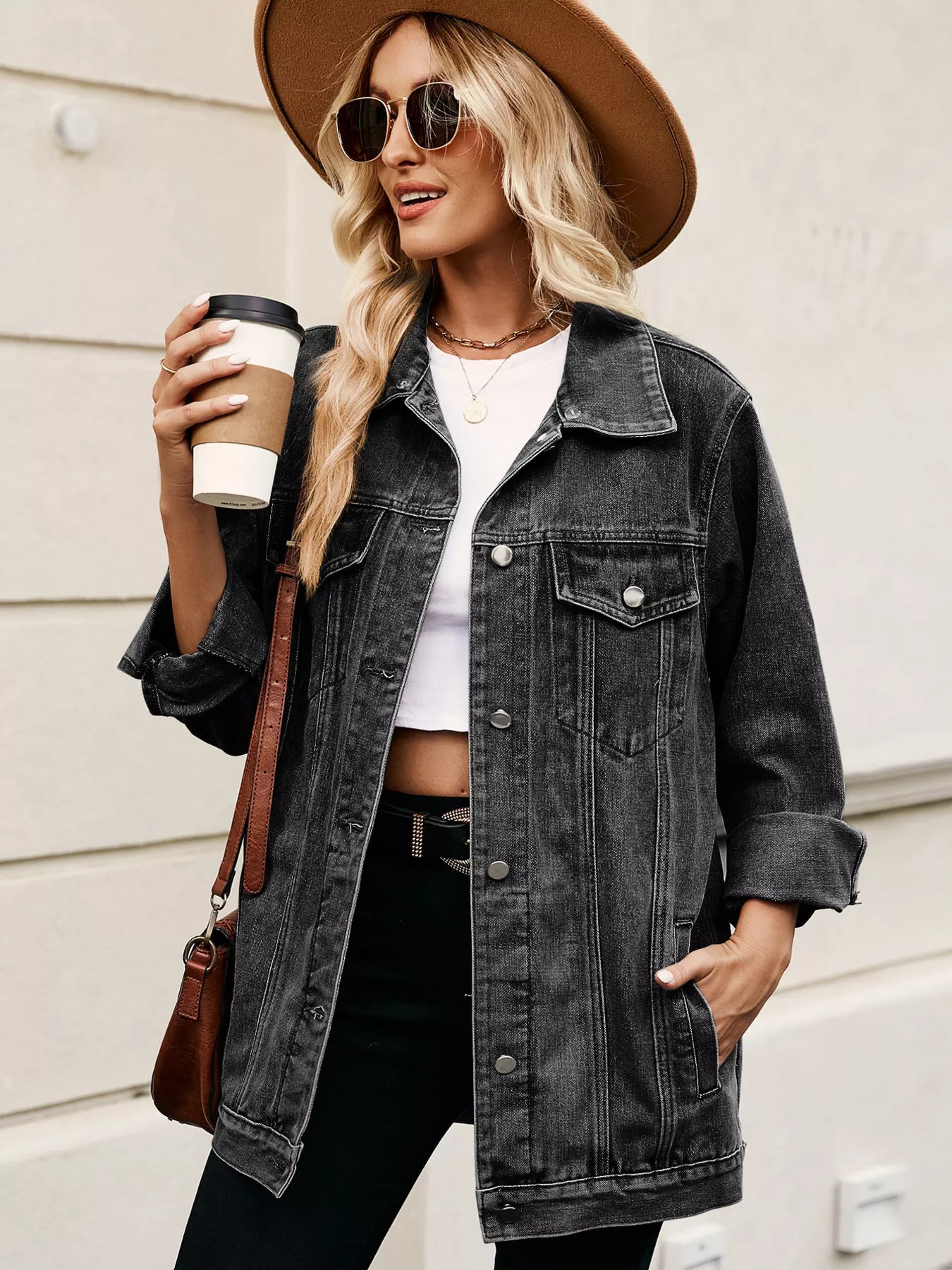 Button Up Long Sleeve Denim Jacket OutfitFlow