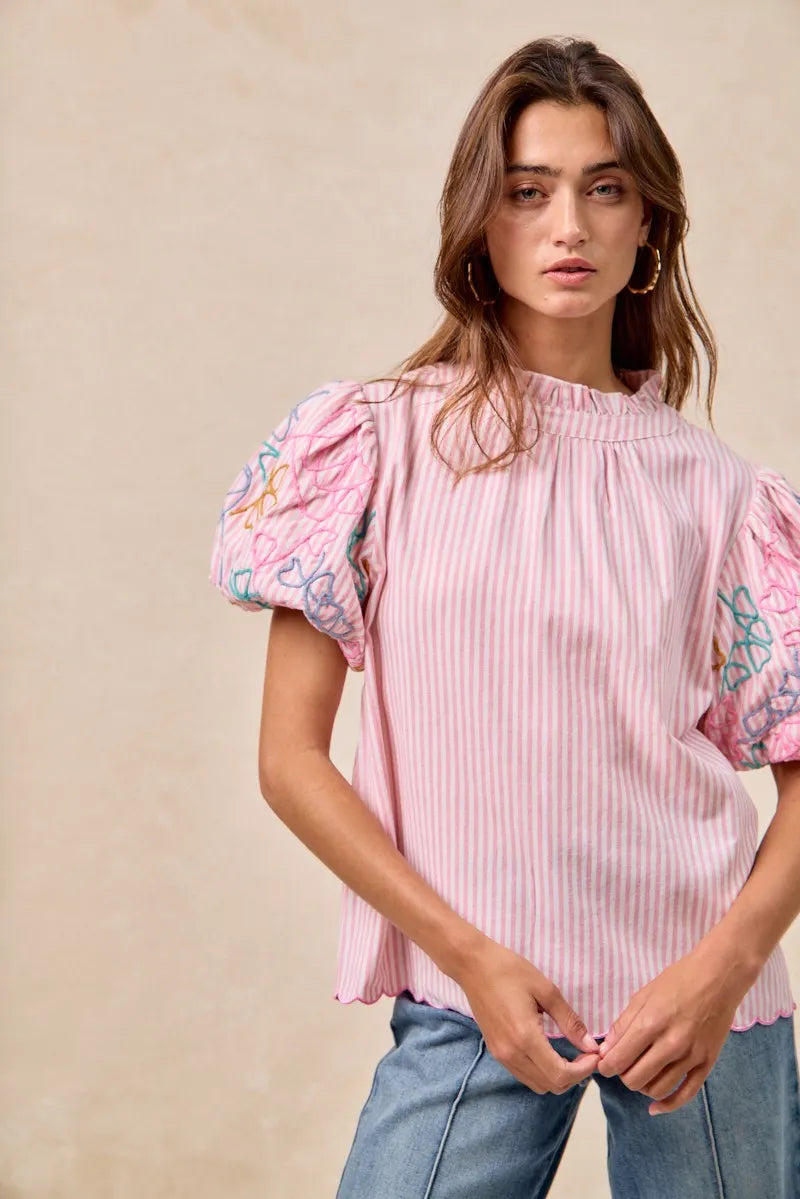 BiBi Embroidery Bubble Sleeve Top With Bottom Scallop Detail OutfitFlow