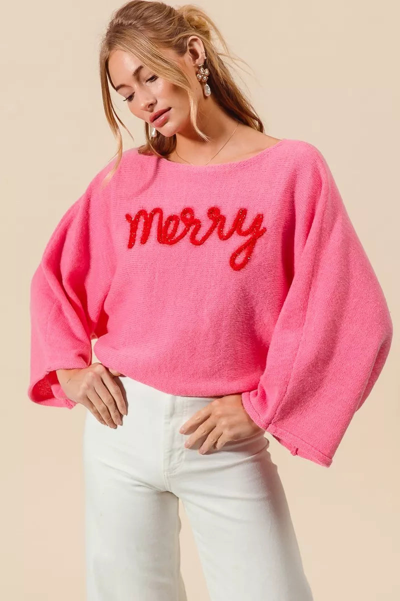 SO ME Merry Tinsel Lettering Christmas Sweater Top PINK RED OutfitFlow