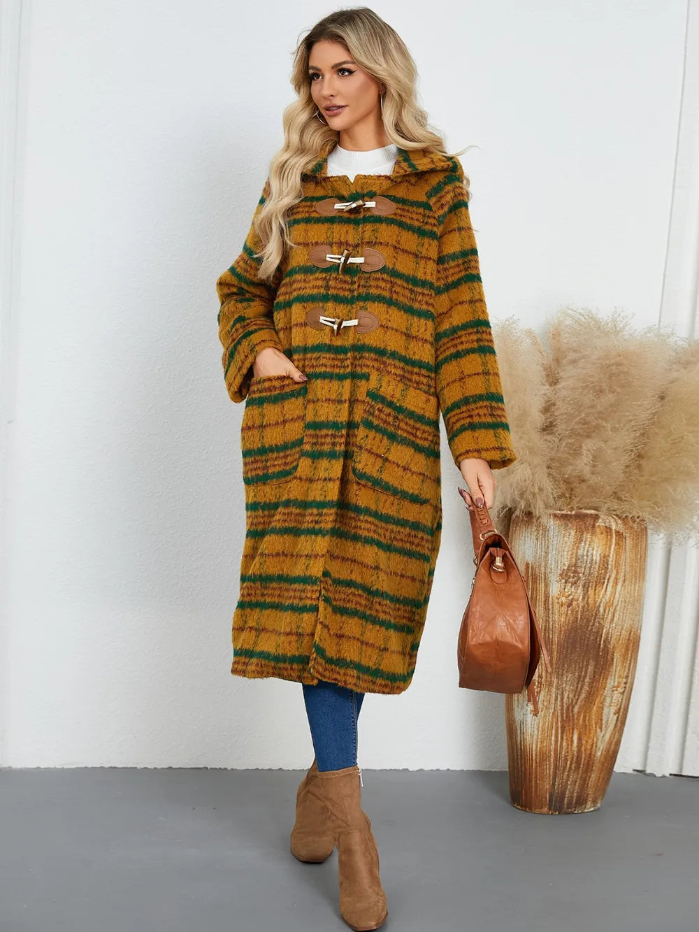 Plaid Long Sleeve Hooded Coat with Pockets OutfitFlow