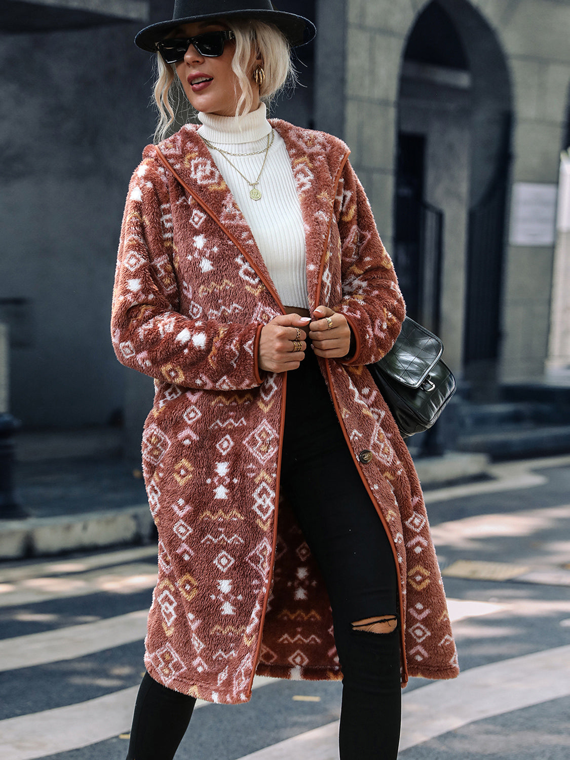 Geometric Button Down Hooded Fleece Coat Trendsi