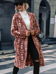 Geometric Button Down Hooded Fleece Coat Trendsi
