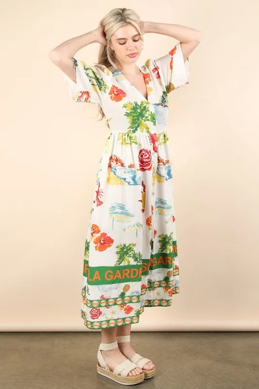 VERY J Button Down Printed Midi Dress OutfitFlow