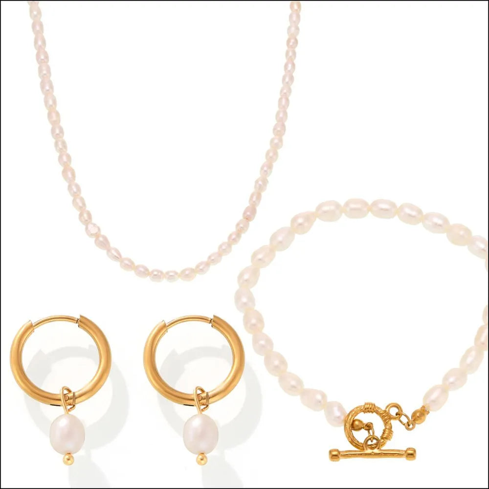 Pearl Necklace, Bracelet and Earrings 4-Piece Jewelry Set OutfitFlow