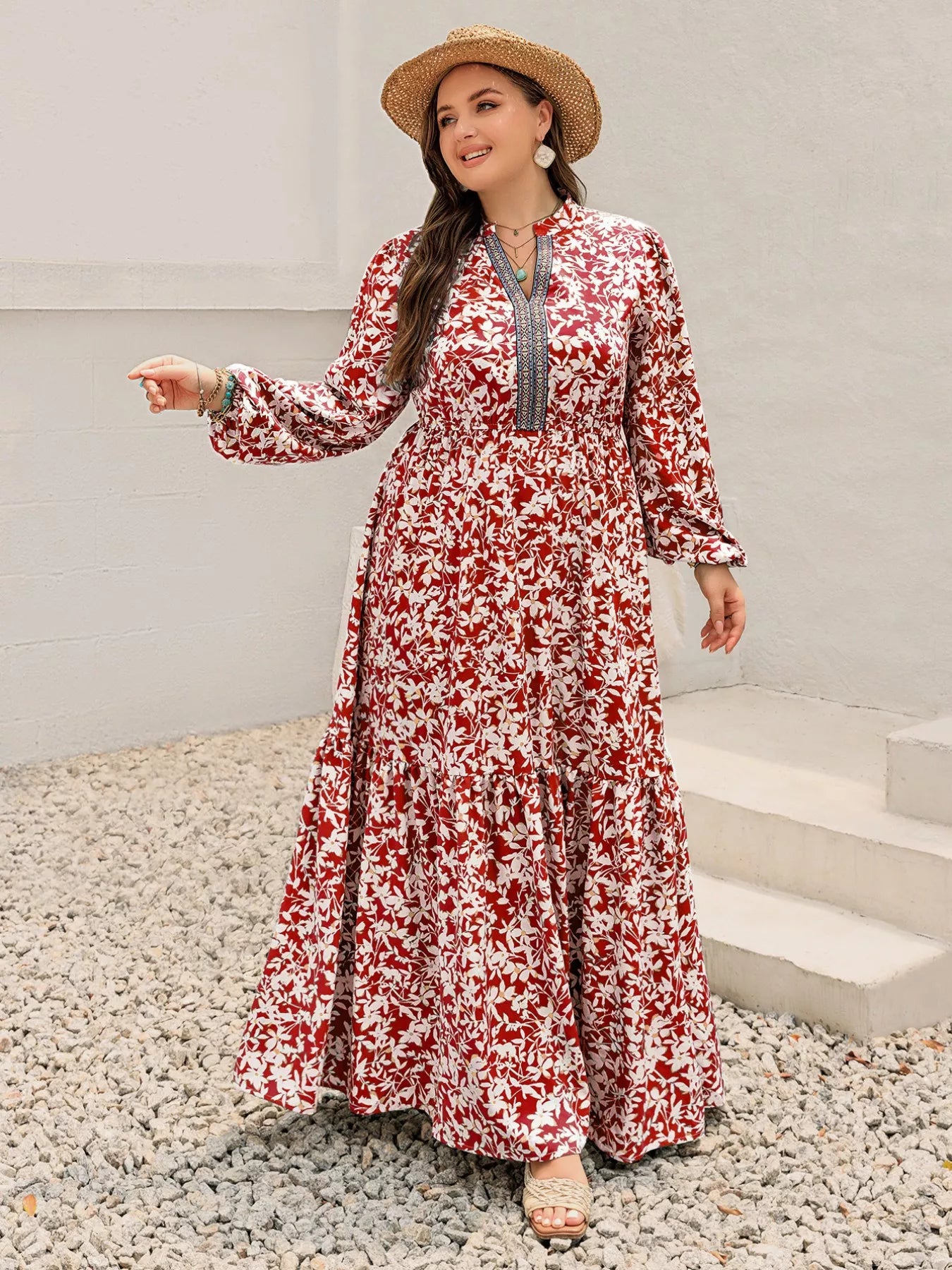 Plus Size Floral Print Long Sleeve Maxi Dress OutfitFlow