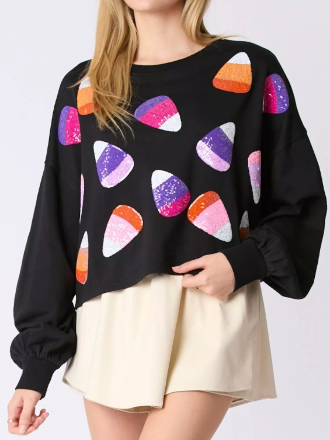 Halloween Candy Sequin Long-Sleeve Sweatshirt OutfitFlow