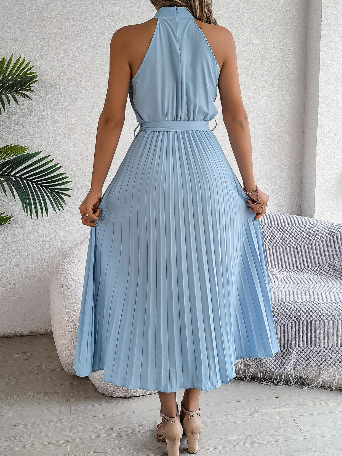 Grecian Neck Tie Waist Pleated Dress OutfitFlow