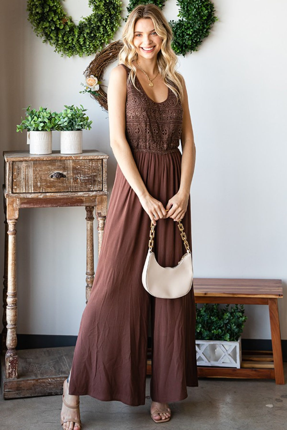 Outfit Flow - First Love Tie Back Sleeveless Slit Wide Leg Jumpsuit