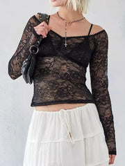 Lace Sheer Long Sleeve T-Shirt OutfitFlow