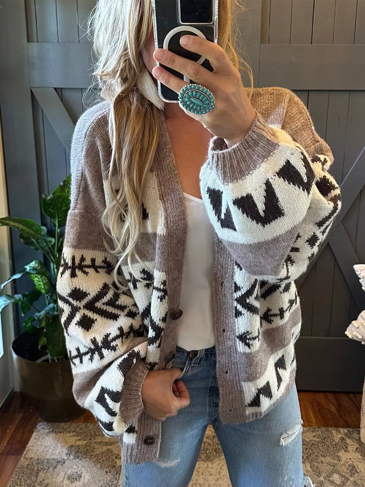 Aztec Pattern Oversized Button Up Cardigan Floral Trendsi