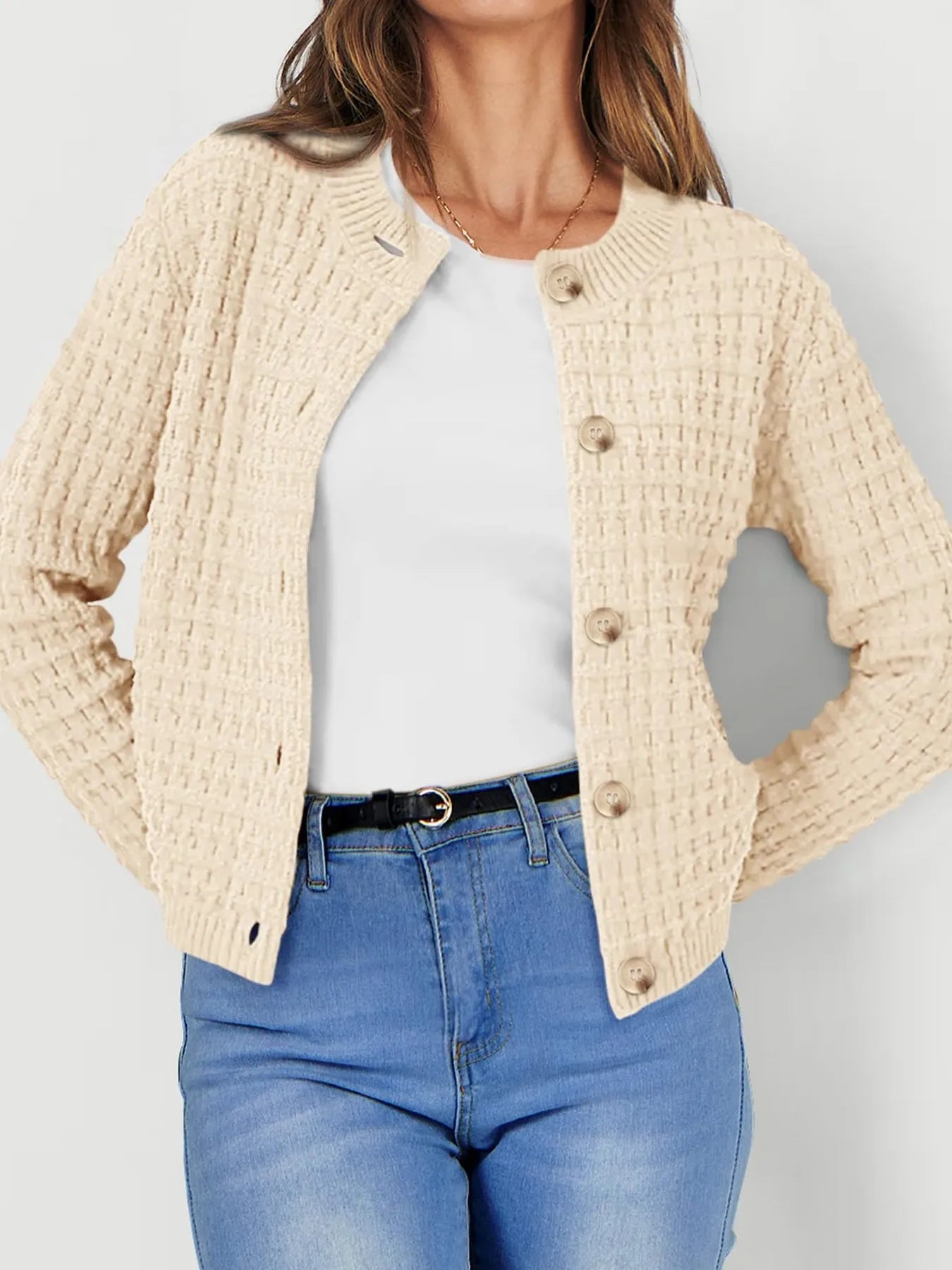 Textured Knit Button-Front Cardigan OutfitFlow