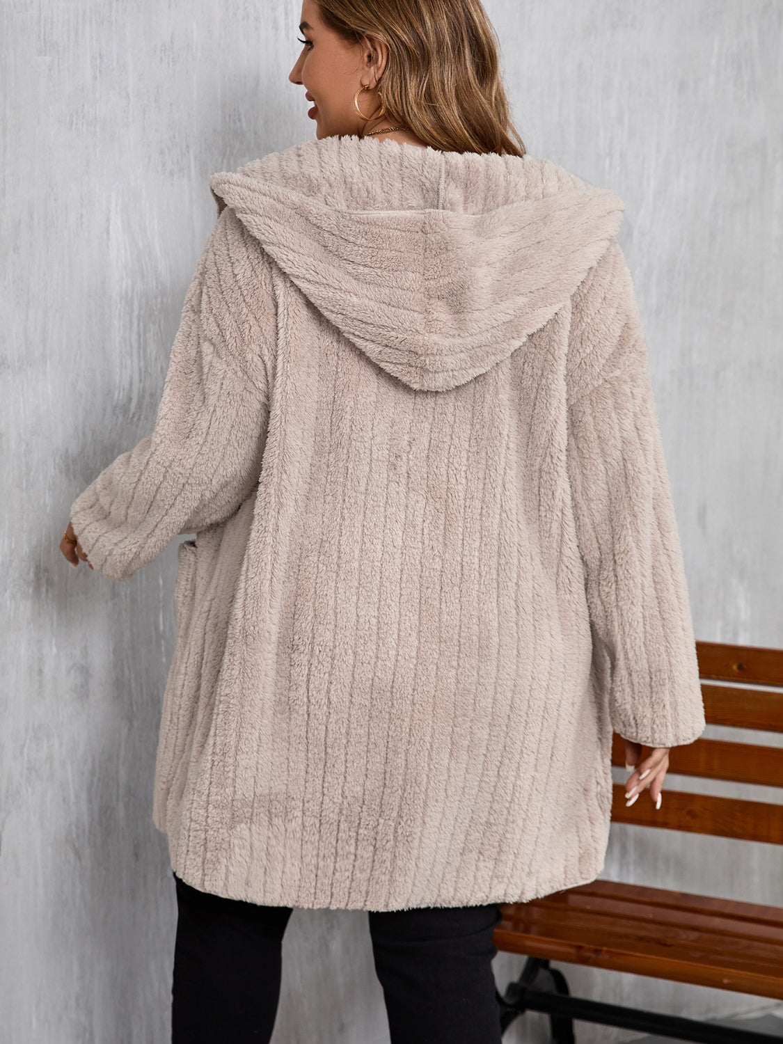 Outfit Flow - Plus Size Open Front Long Sleeve Hooded Fuzzy Jacket