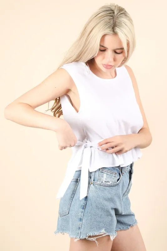 VERY J Side Tie Detail Ruffled Sleeveless Top OutfitFlow