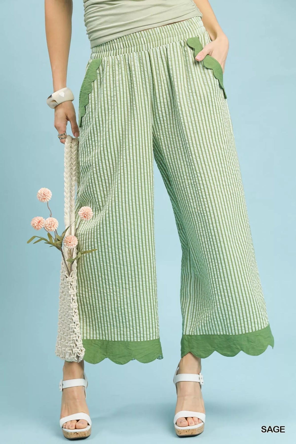 Umgee Stripe Scallop Hem Wide Leg Pants SAGE OutfitFlow