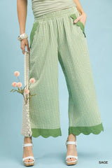 Umgee Stripe Scallop Hem Wide Leg Pants SAGE OutfitFlow