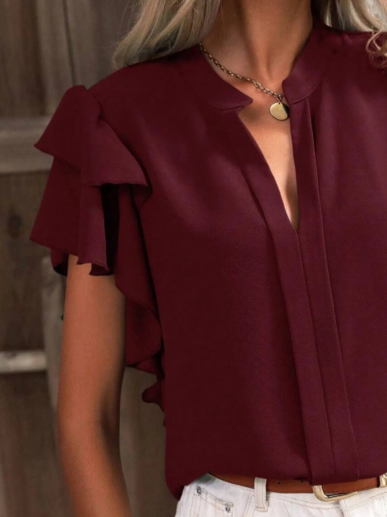 Ruffle Sleeve Notched Blouse OutfitFlow
