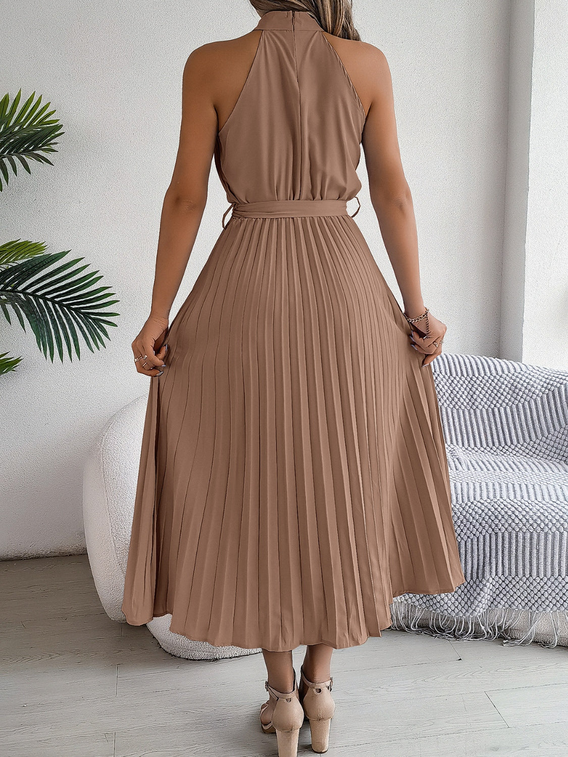 Grecian Neck Tie Waist Pleated Dress OutfitFlow
