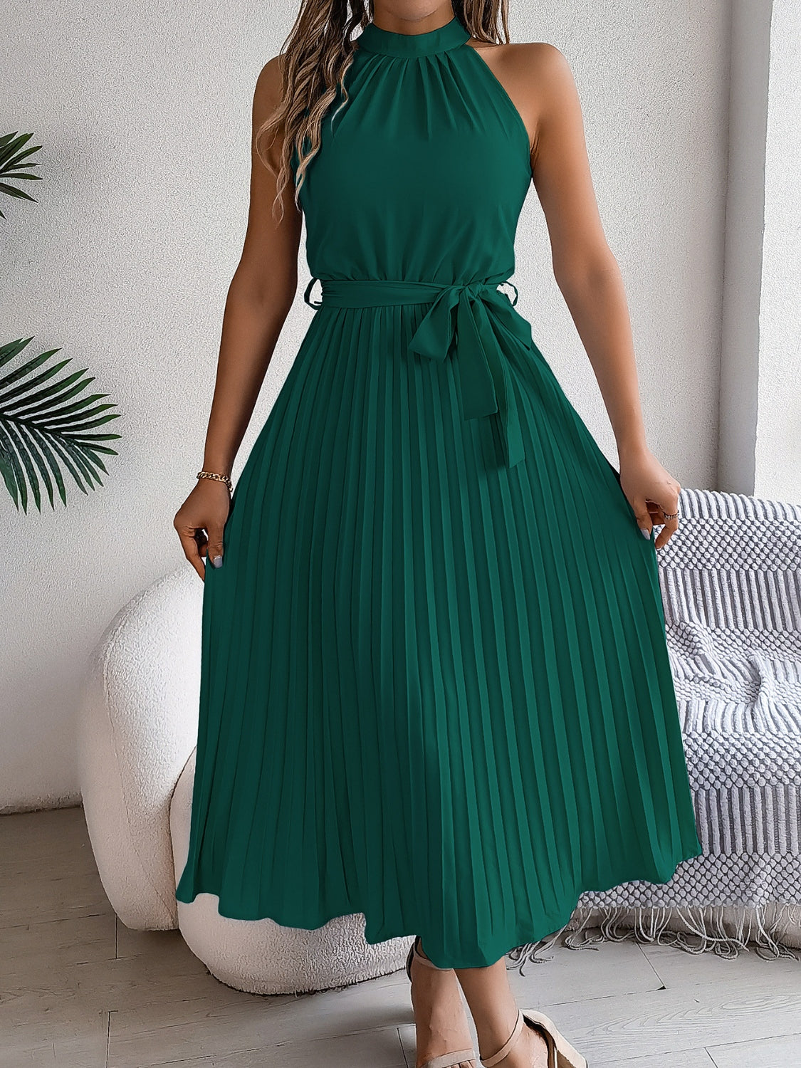 Grecian Neck Tie Waist Pleated Dress OutfitFlow