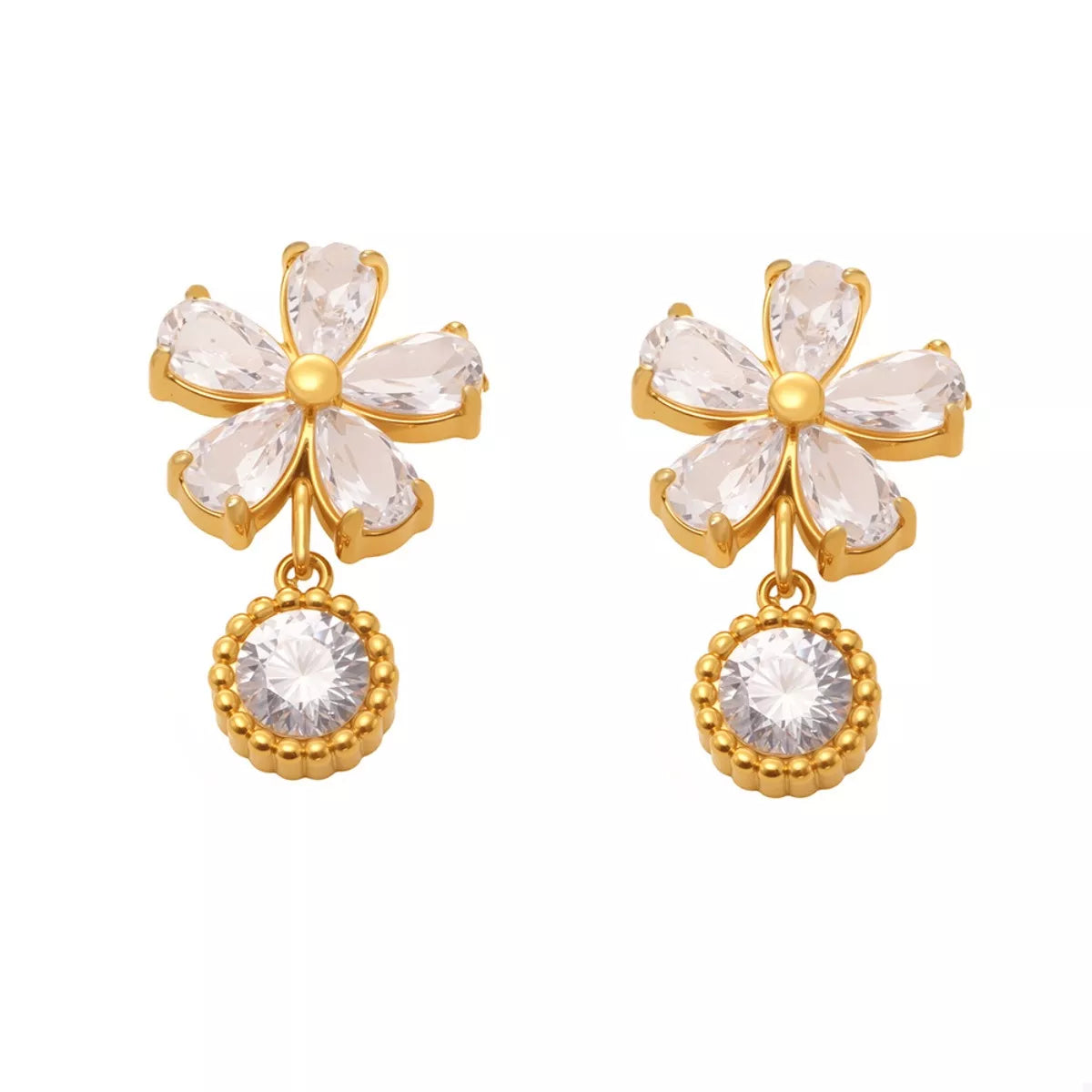 18K Gold-Plated Stainless Steel Zircon Flower Drop Earrings OutfitFlow