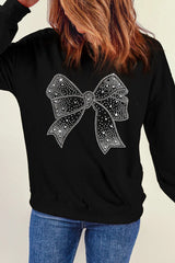 Outfit Flow - Rhinestone Bow Round Neck Long Sleeve Sweatshirt