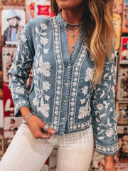 Floral Embroidered Button Up Denim Shirt OutfitFlow