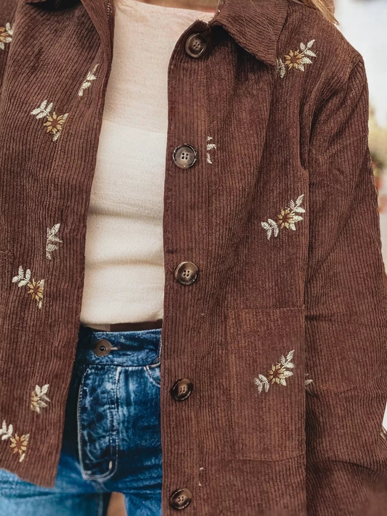 Floral Embroidered Collar Button Front Corduroy Jacket Trendsi