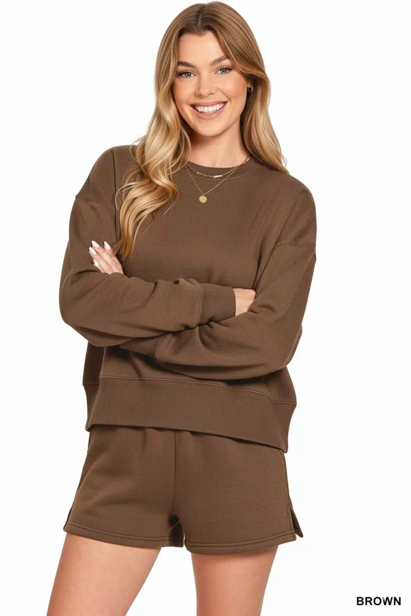 Zenana Fleece Round Neck Sweatshirt and Shorts Set OutfitFlow