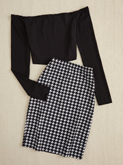 Outfit Flow - Off-Shoulder Long Sleeve Top and Houndstooth Skirt Set