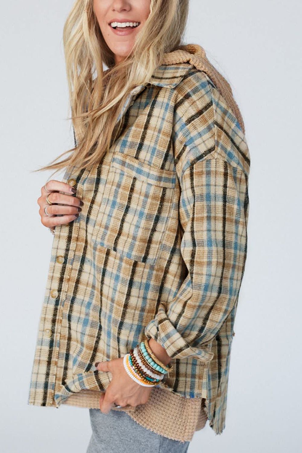 Outfit Flow - Drawstring Waffle Knit Patchwork Hooded Plaid Jackets