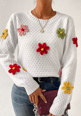 Outfit Flow - Crochet Flower Round Neck Long Sleeve Sweater