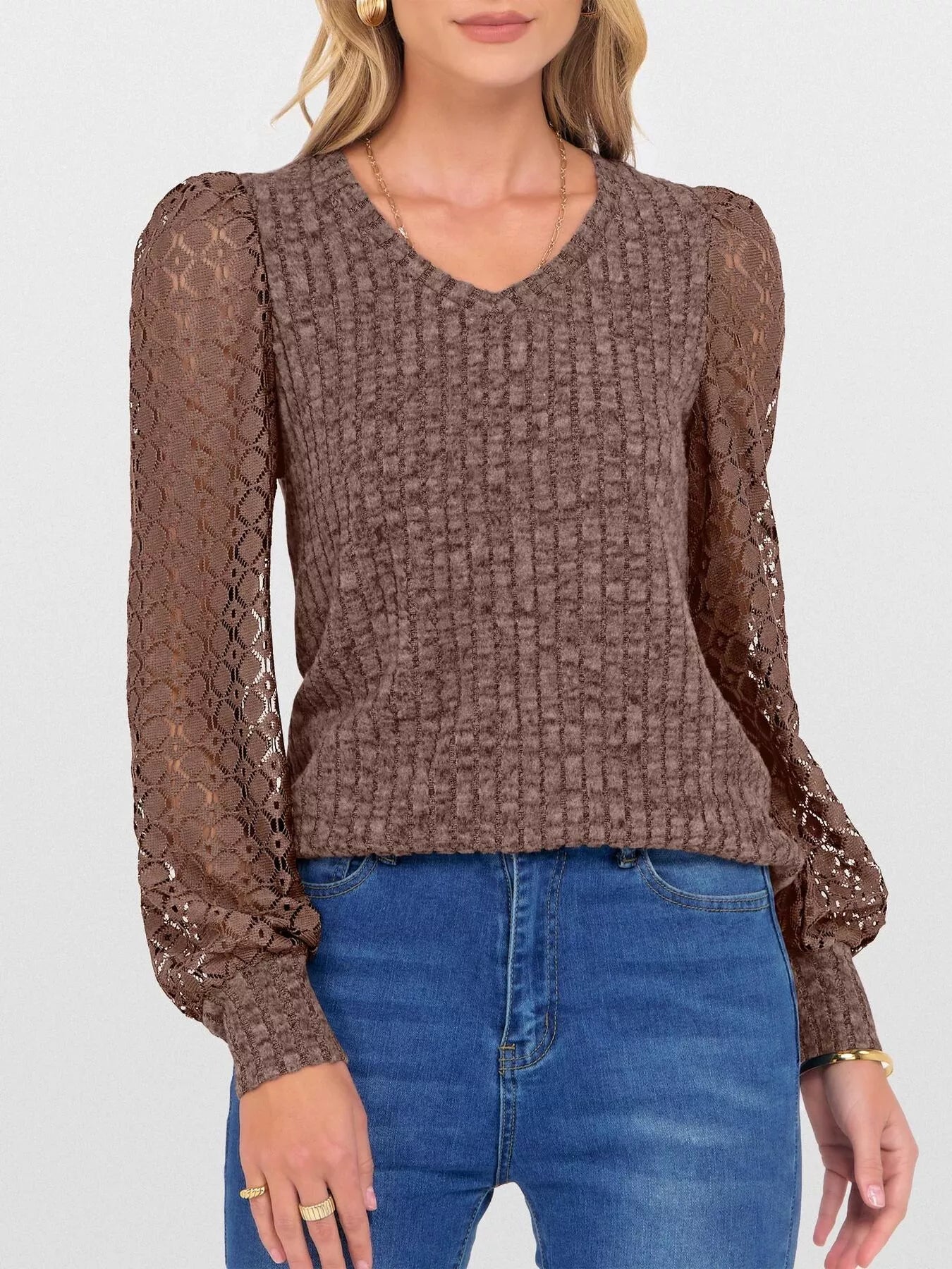 Lace Sleeve V-Neck T-Shirt Dark Brown OutfitFlow