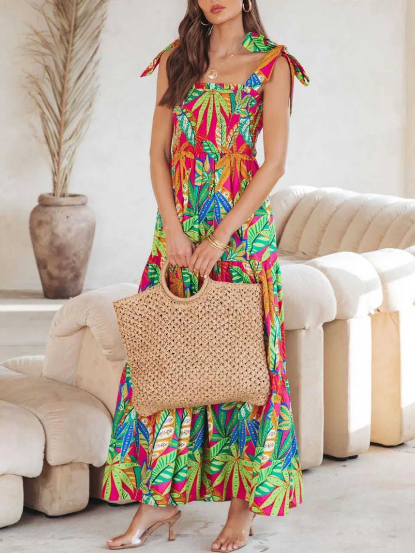 Tropical Print Tie Shoulder Maxi Dress OutfitFlow