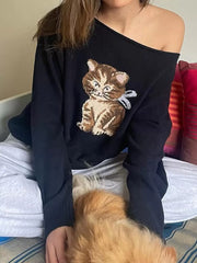 Cat One Shoulder Long Sleeve Sweater OutfitFlow