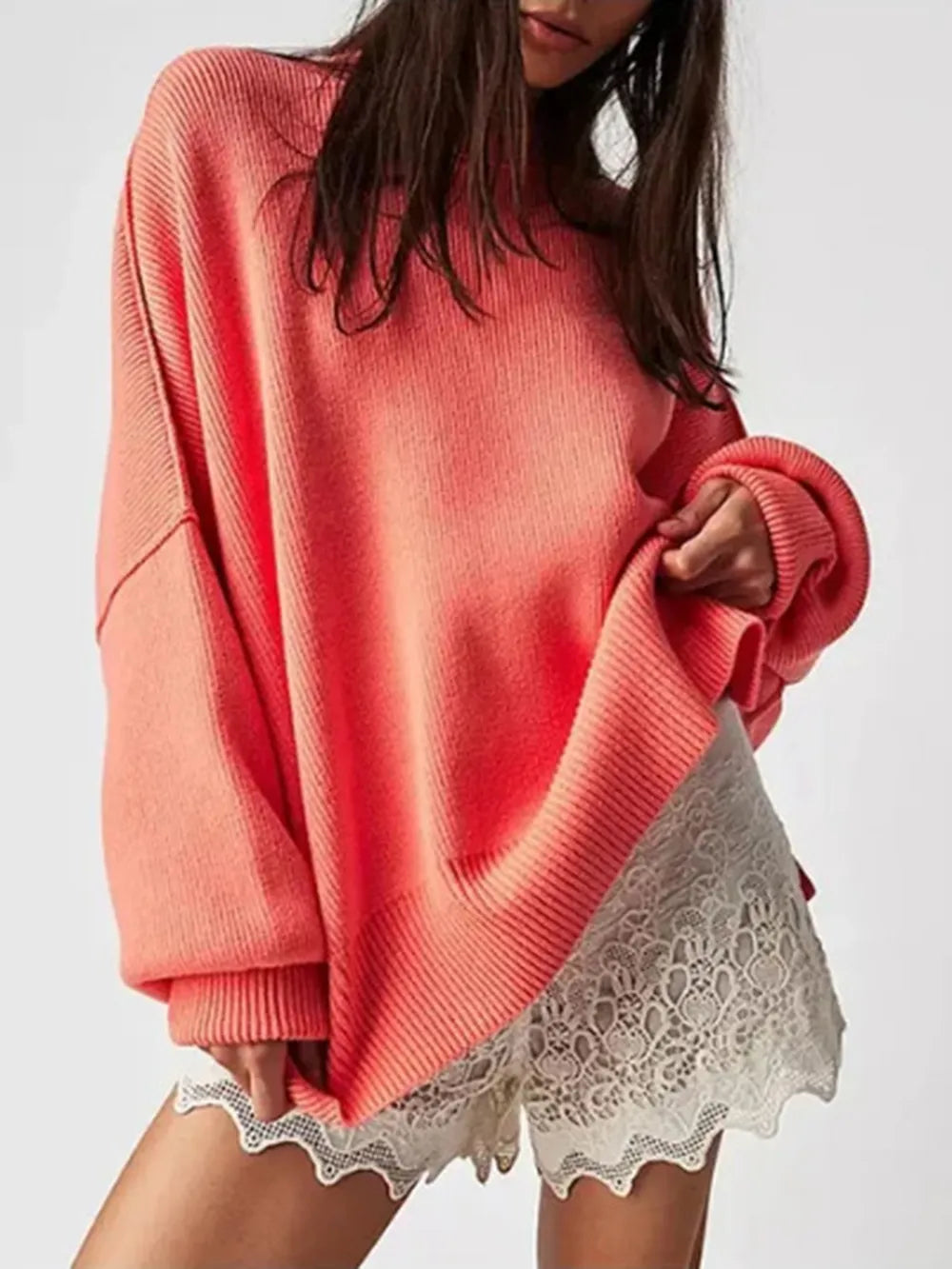 Round Neck Long Sleeve Sweater Orange-Red OutfitFlow
